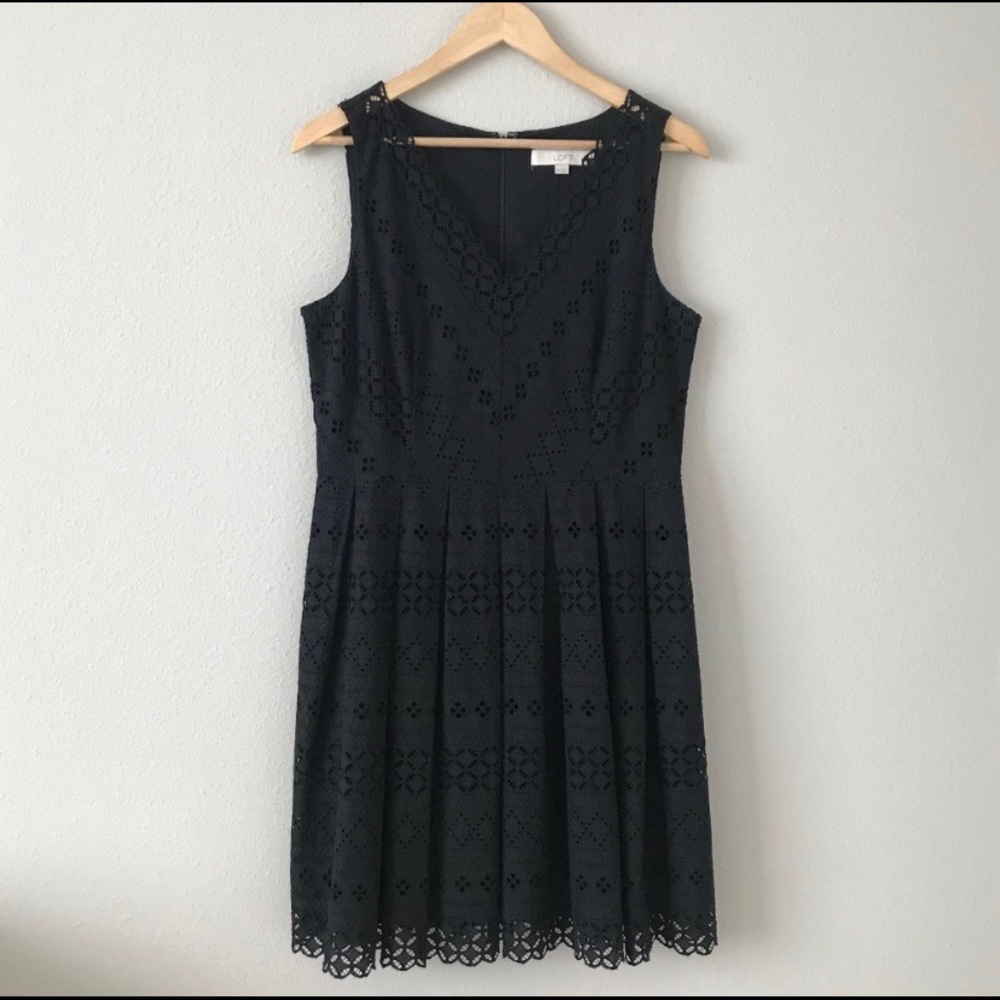 Loft Black Eyelet V-Neck Fit and Flare Dress